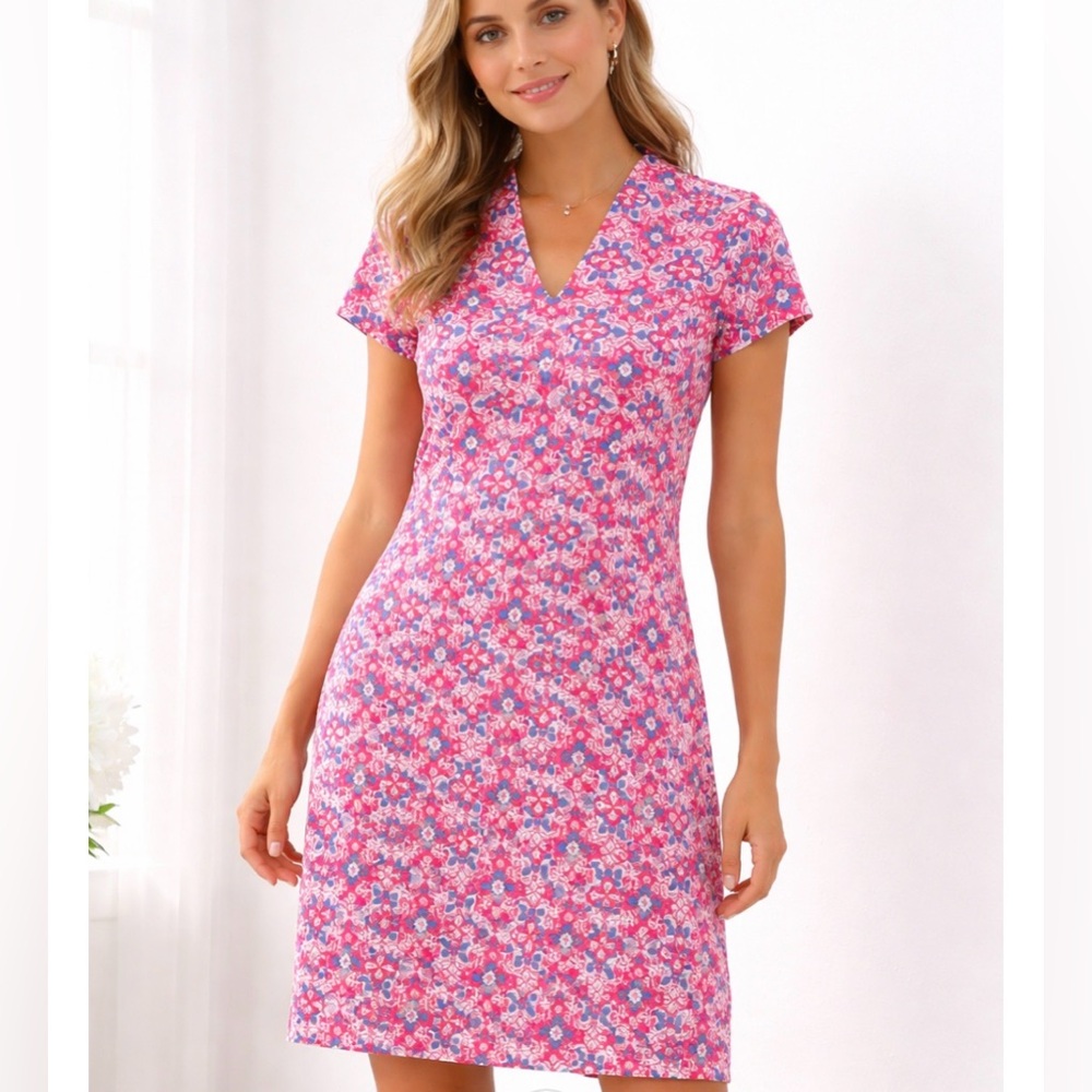 J McLaughlin Floral Pink and Blue V-Neck Dress